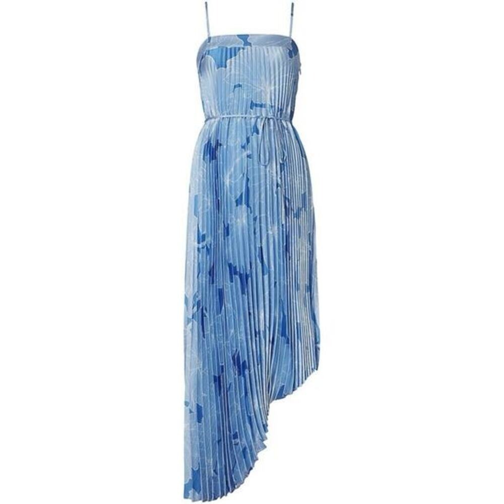 Milly Irene Waterlily Print Pale Blue Pleated Asymmetric Midi Dress - Picture 2 of 7